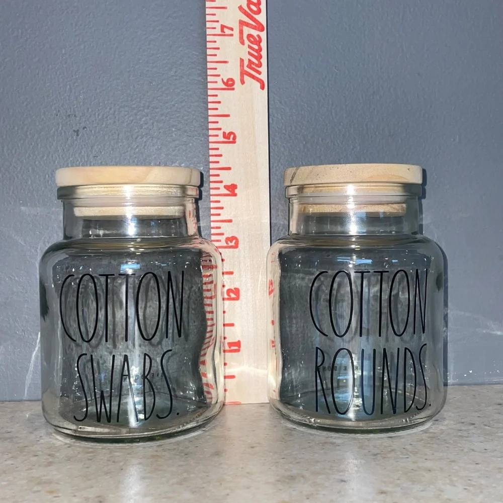 Rae Dunn Vanity Set Glass Wood Jar Containers Cotton Swabs Cotton Rounds